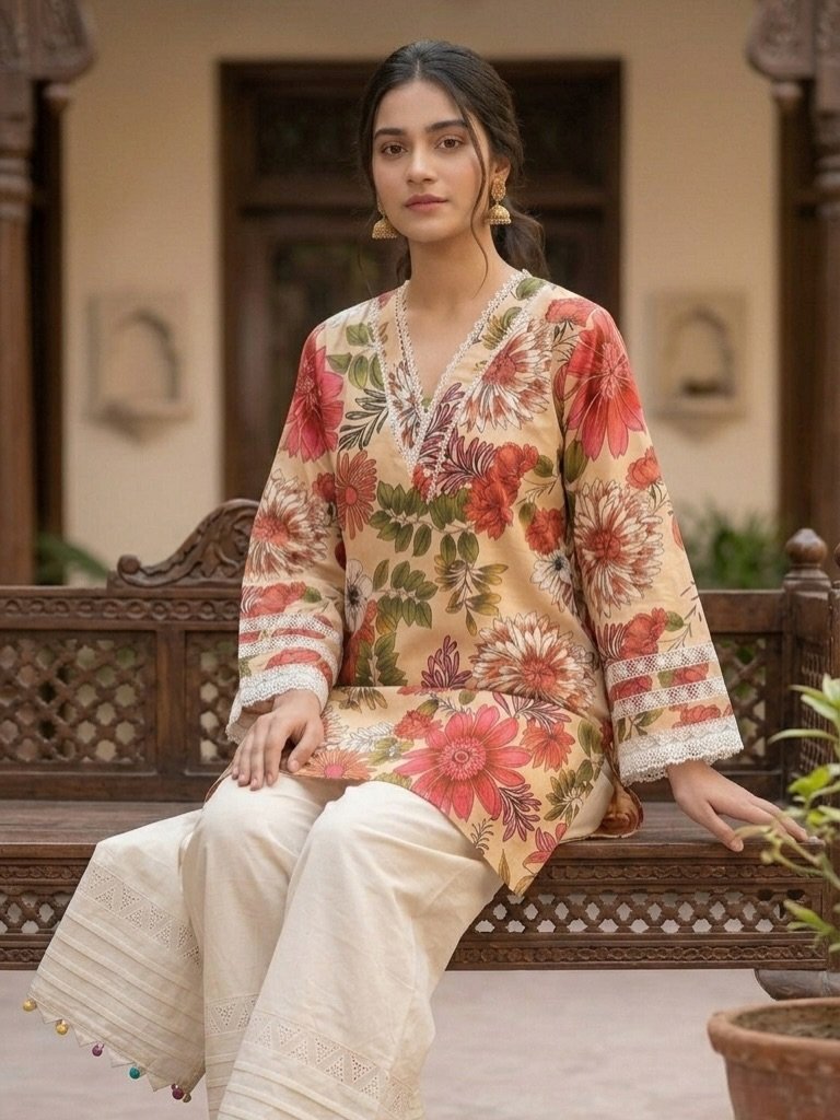 Model in the Mayassar Beige Floral Farshi Set in a Jaipur courtyard