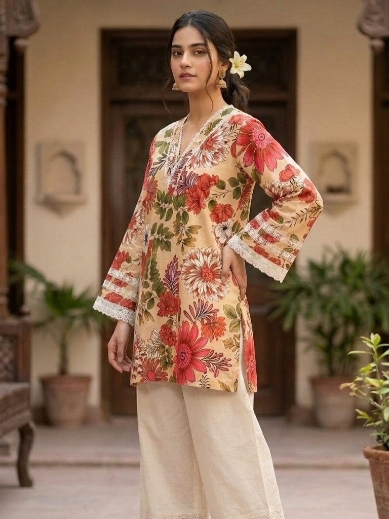 Mayassar Beige Floral Farshi Set styled in a Jaipur courtyard