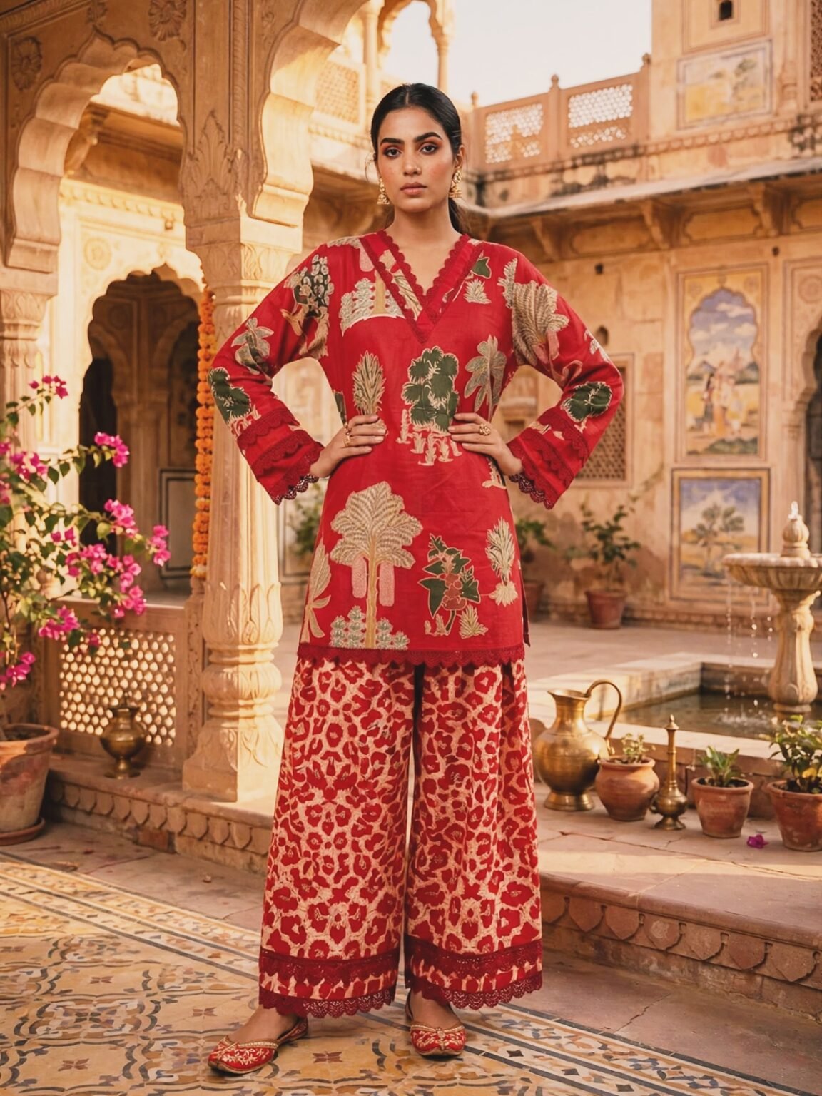 Model wearing the Mayassar Red Tropical Farshi Suit Set in a Jaipur haveli courtyard