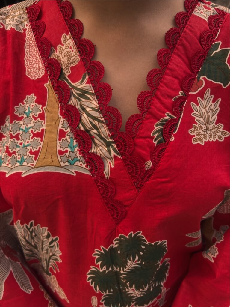 Red kurta lace neckline detail